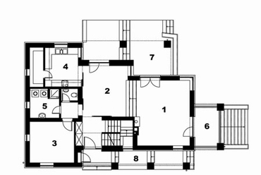 1. nappali, 2. étkező, 3. dolgozószoba, 4. konyha, 5. mosókonyha, 6. fedett erkély, 7. fedett terasz, 8. tornác,