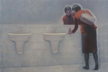 Szűcs Attila: Nő a mosdóban, 2008, olaj-vászon. 100x140cm