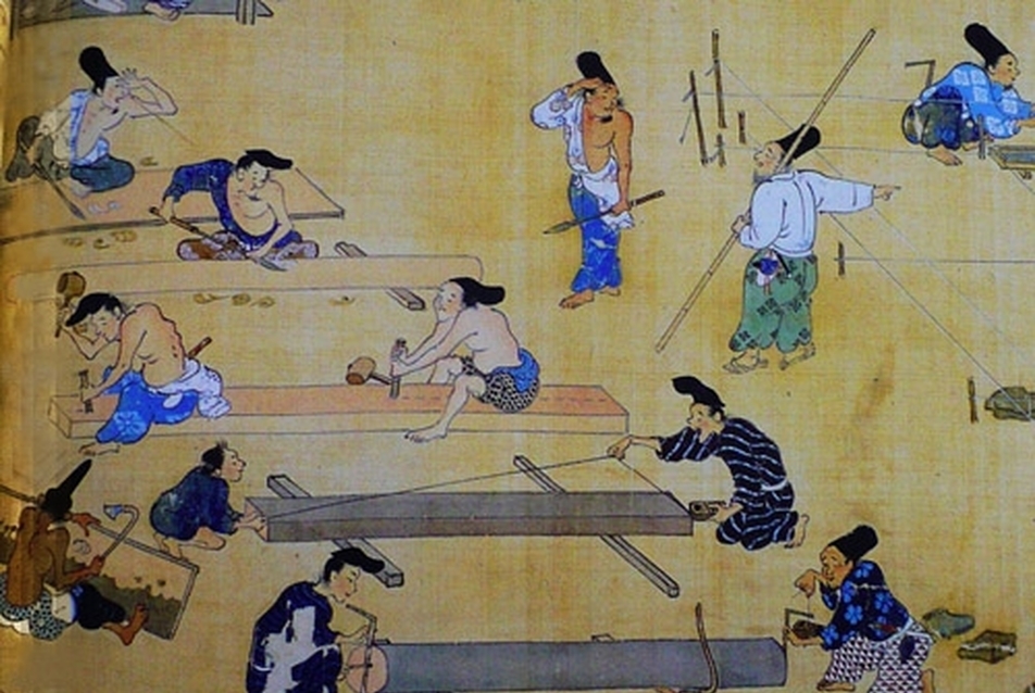 ácsmunkák ábrázolása egy japán papírtekercsen