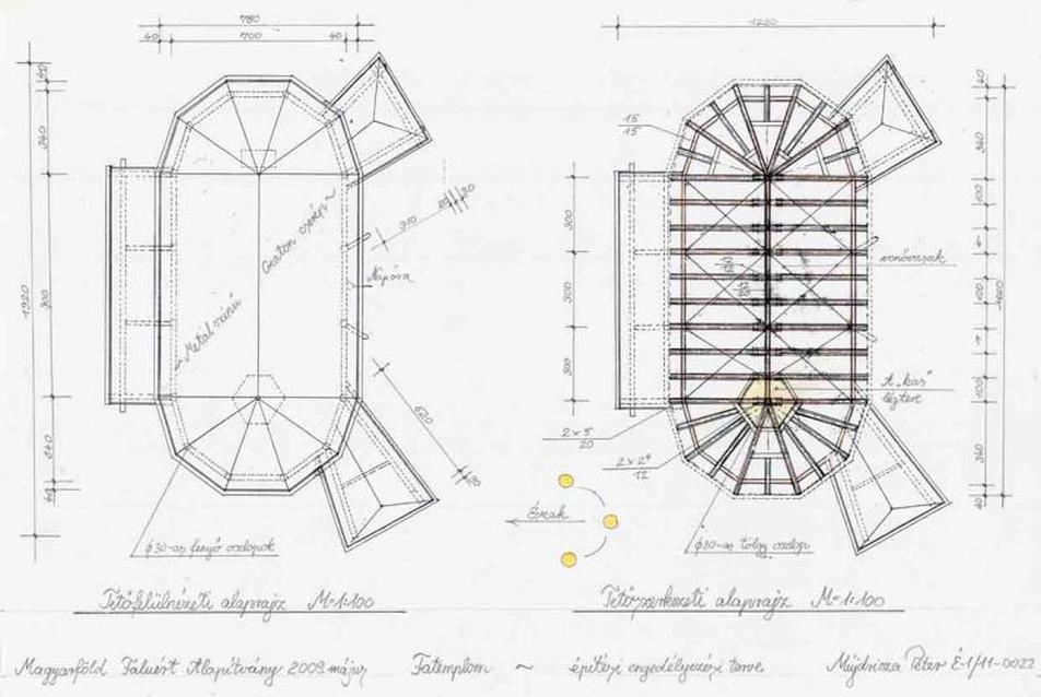 Mújdricza Péter: Magyarföldi fatemplom - tetőfelülnézet, tetőszerkezet