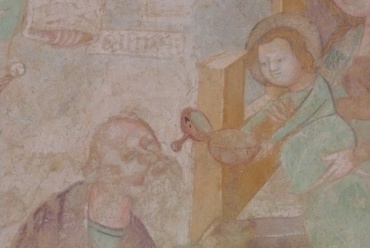 Casparus, az öreg király hódol a Kisded előtt. Aquila János, freskója a veleméri templom falán. Fotó: perika