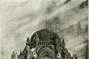 A lipótvárosi zsinagóga pályaterve, távlati kép a hátsó homlokzat felé tekintve, 1899. Megjelent: Ország-Világ, 1902. 291. p.