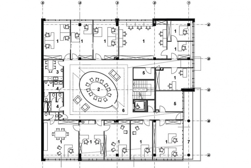 LibroTrade Kft. és Kossuth Kiadó Zrt. új székháza. Első emeleti alaprajz (1. irodák, 2. tárgyaló, 3. teakonyha, 4. vizesblokkok, 5. kiszolgáló funkció, 6. közlekedő, 7. terasz)Vezető tervező: Annus Marina.