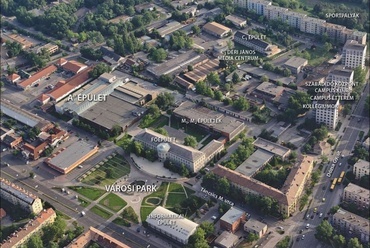 Dunaújvárosi Főiskola, "A" épület és városi park. Vezető tervező: Rombauer Gábor.