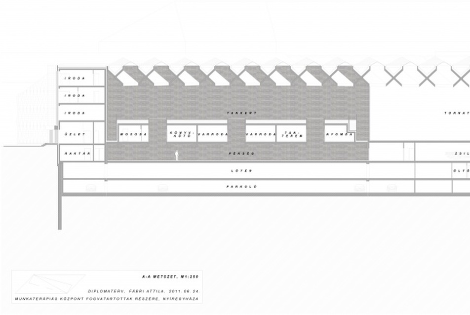 Munkaterápiás központ, sematikus metszet - Fábri Attila diplomaterve