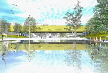 Az esővízgyűjtő tó háttérben a közösségi ház - LEN Architects