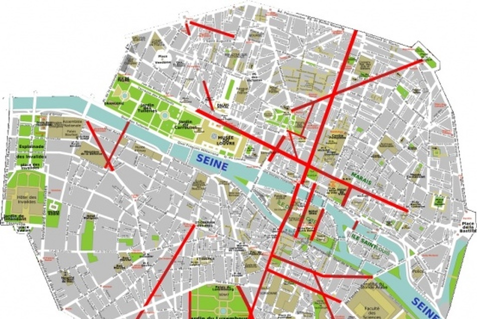 Párizs térképe a Hausmann tervei alapján készült sugárutakkal (forrás: Wikipedia)