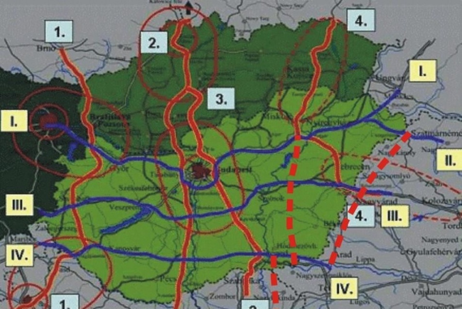 Itthon sincs már vita a kelet-nyugat irányú autópályákat illetően. A térképen ezek kék színűek.