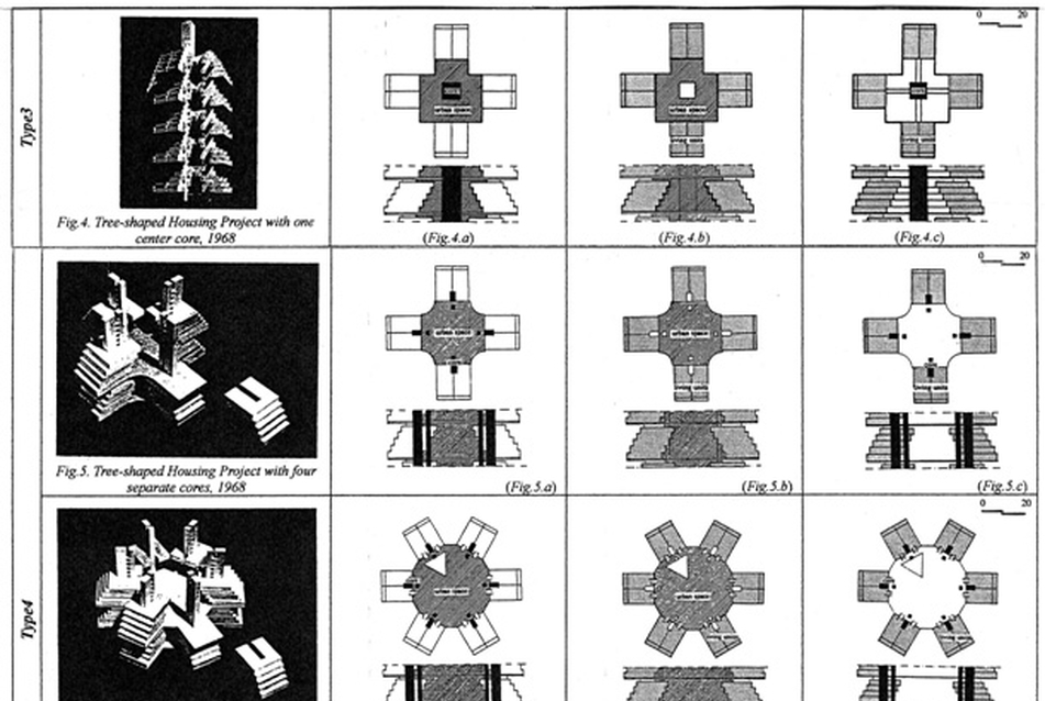 Kiyonori Kikutake „Függőleges közösség” terveinek tipológiája: harmadik és negyedik típus, Nyilas Ágnes (saját rajz)