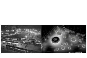 A tér a 60-as években és az első ütem éjszakai madártávlati nézete (északi irányból)