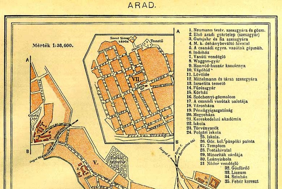 Arad várostérképe a XIX. század végéről
(forrás: A Pallas Nagylexikona. I. kötet. A-Aradvármegye. Bp.,1893.)