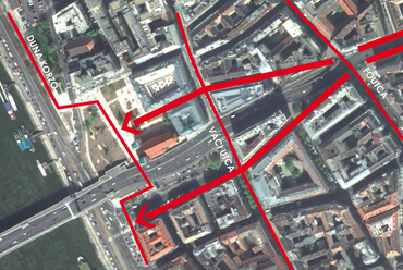 A belvárosi szövet kapcsolata a Dunakorzóval, forrás: googlemaps