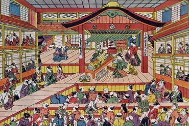 A Shibai kabuki-színház (fametszet, Masanobu_Okumura), forrás: Wikimedia