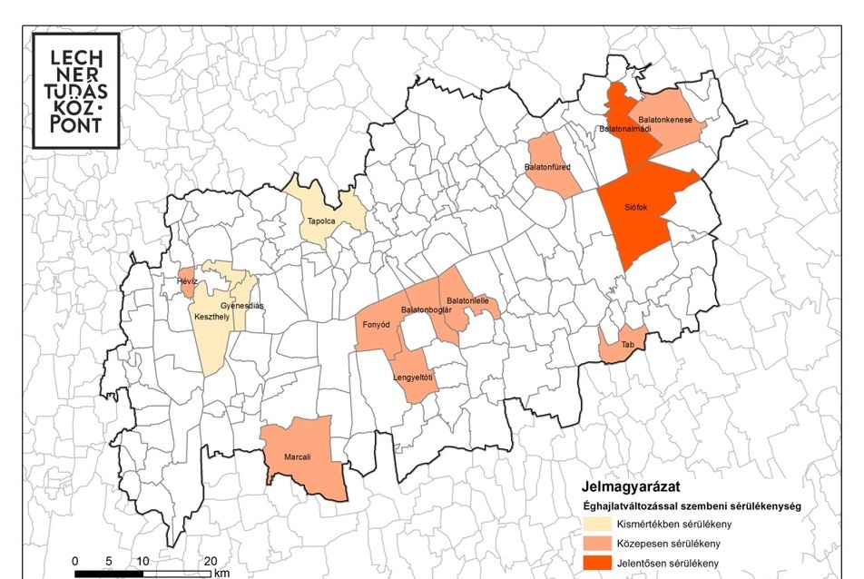 A városi hőhullámokkal kapcsolatos sérülékenység a Marcali járásnak a BKÜK területére eső településein (Forrás: Lechner Tudásközpont). 