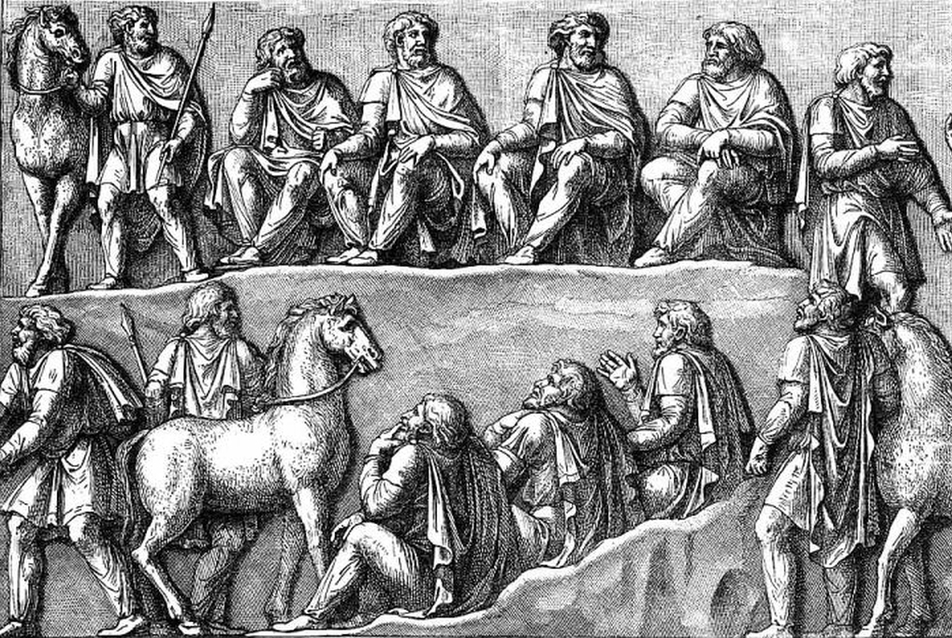 A Hét nemzetség vezetőinek tanácskozása, relieff Marcus Aurelius oszlopán, Szilágyi Sándor nyomán Kiss József