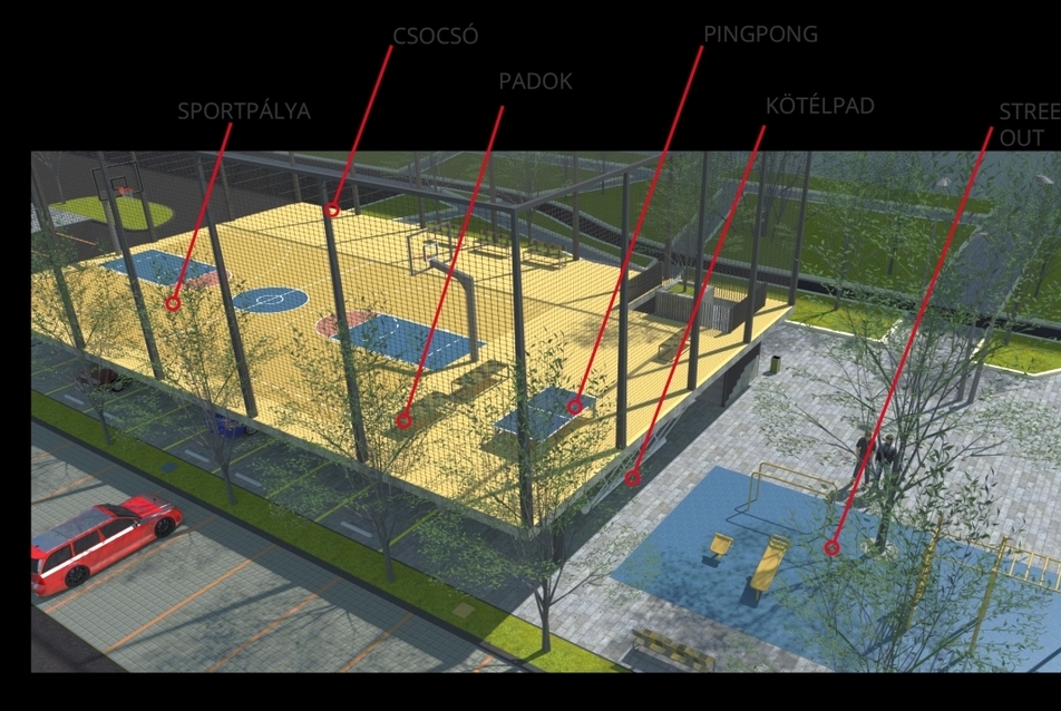 Kosárlabdapálya a parkoló fölött