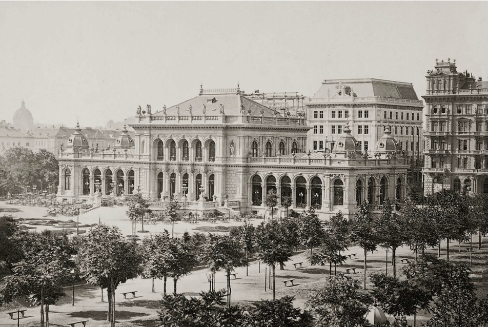 a Ring melletti közpark zenepavilonnal (1868) - építész: Johann Garben - fotó: Oscar Kramer - forrás: Wien Museum