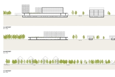 metszet - Paks, Pollack Mihály utcától északra fekvő lakóterület városrendezési és építészeti ötletpályázat - építészek, alkotók: Péterffy Miklós, Müller Dóra, Dőry Bálint, Deli Brigitta, Szabó Dániel