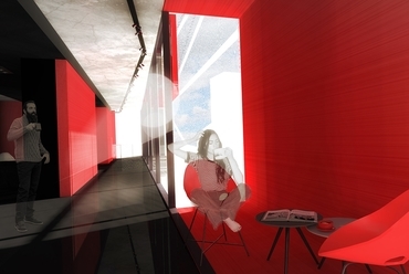 homlokzatból kiugró vörös doboz - tervező: Bató Blanka