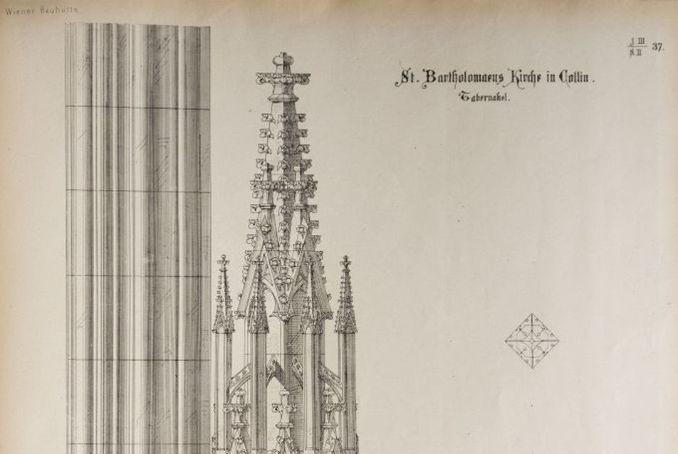 a Szent Bartolomeusz templom tabernákuluma - Steindl Imre felmérési rajza a Wiener Bauhütte albumában - Forrás: Lechner Tudásközpont szakkönyvtára