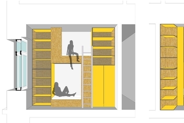 Nagy belmagasságú hálószoba nézete az első emelet, 2 fő részére, saját fürdővel - építész: Kiss Márta