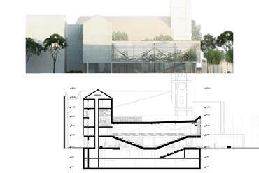 c-c metszet és északi homlokzat, Könyvtár és tudásközpont Hódmezővásárhelyen - építész: TARKA Architects