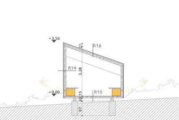 Apiterápiás kunyhó metszete, Méhes ház Szentendrén, Tervező: Göde Dorottya, Konzulens: Vincze László DLA