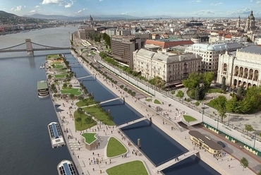 A RAK-PARK pályázaton III. helyezett Finta és Társai Építész Stúdió – Garten Stúdió tervében szerepelt a Vigadó teret a Duna felé kibővítő, a forgalmat az alatt átvezető megoldás. A kép illusztráció.