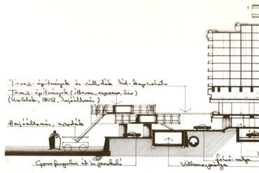Finta József meg nem valósult terve a Duna part Intercontinental szálló előtti átalakításáról, a Dunakorzó alá vezetett autóforgalommal.