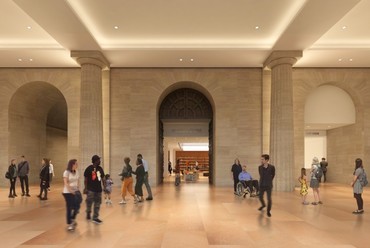 A bejárati előcsarnok látványterve. A három árkád a boltozott folyosóra, a múzeumi boltba, illetve a majdani auditóriumba vezet. Render: Gehry Partners, LLP and KX-L. Kép: Philadelphia Museum of Art, 2019.