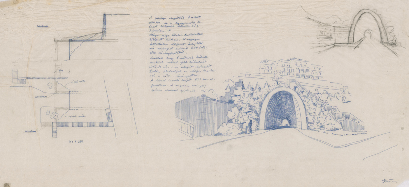 A Várhegy-alagút felújítása, a nyugati kapuzat vázlatterve, Állami Mélyépítéstudományi és Tervező Intézet, 1949 (Lechner Tudásközpont, Dokumentációs Központ / Tervtár)
