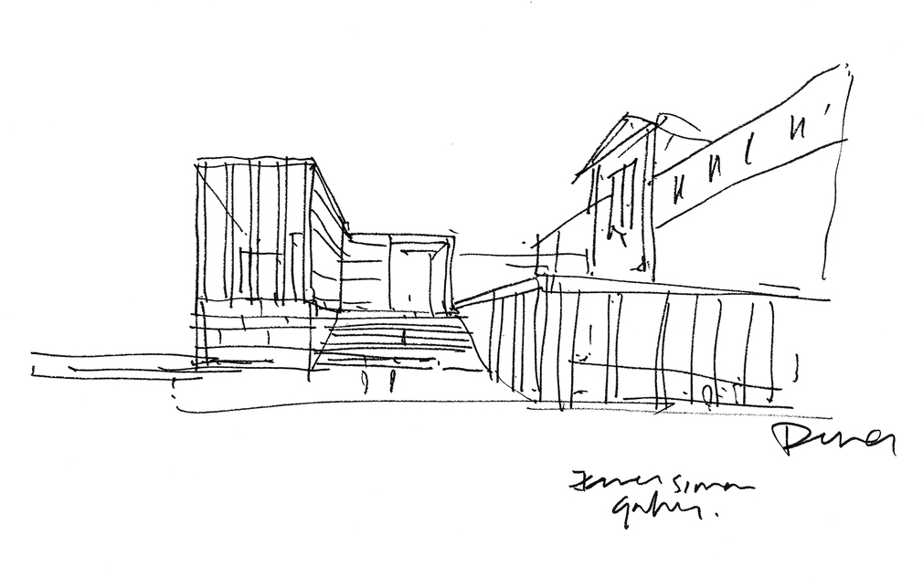 Chipperfield rajza a főbejárati homlokzatról; jobboldalt a Neues Museum tömege. Kép: David Chipperfield Architects