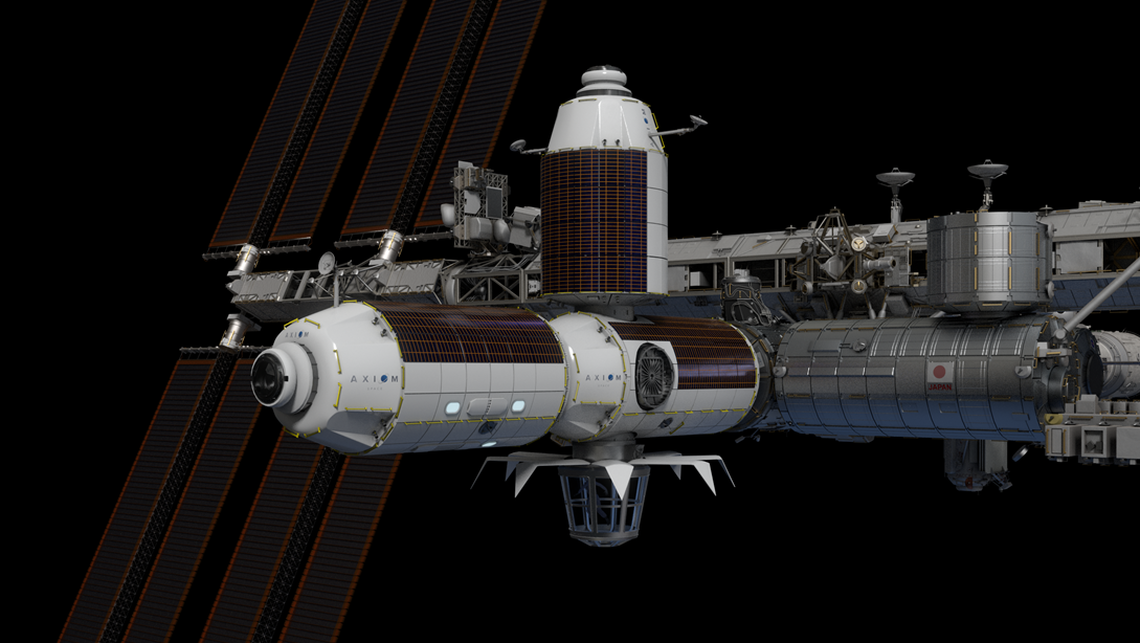 A Nemzetközi Űrállomás látványterve a hozzá csatlakoztatott Axiom-modullal. Kép: Axiom Space
