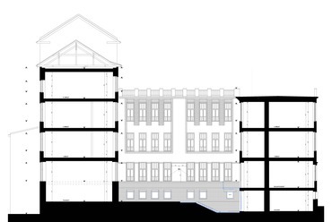 Az AKG Általános Iskola és Gimnázium belső udvari keresztmetszet - terv: Fló Architects