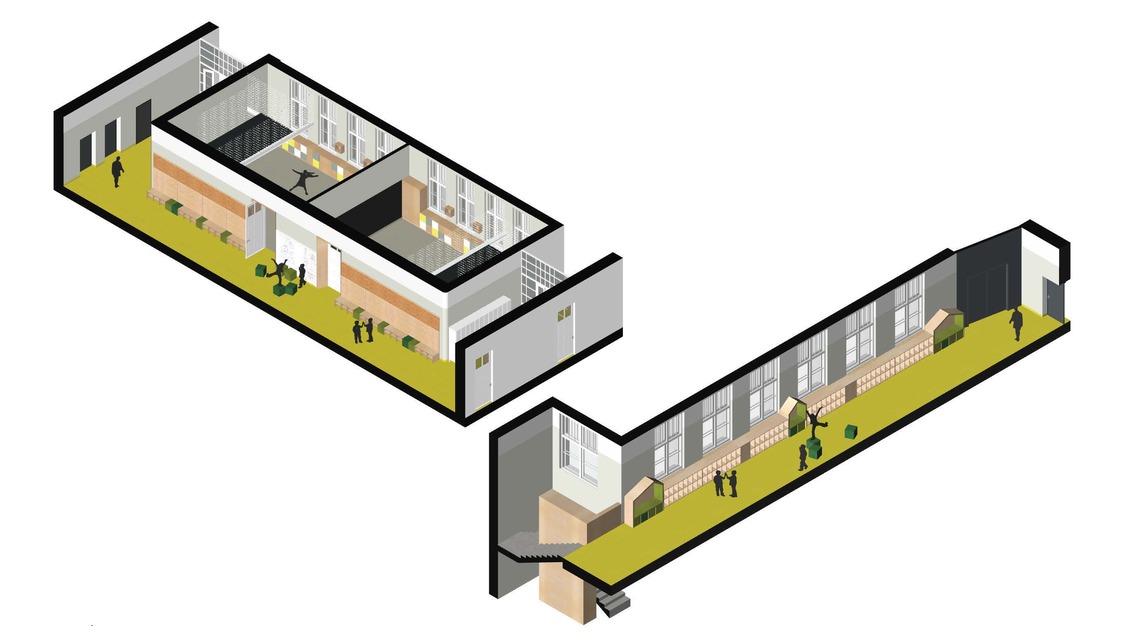 Az AKG Általános Iskola és Gimnázium közösségi tér, grafika - terv: Fló Architects