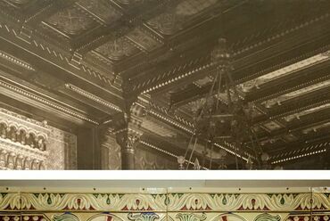 A Szent István terem mennyezetének Zsolnay elemei archív felvételen, és az újonnan elkészült elemek, Forrás: Építészettörténeti Rajztár, Várkapitányság