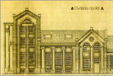 Pécs, Batthyány utca, a szeszfőzde gyártási épületének terve 1917-ből, tervező: Fleischl Róbert. Forrás: Pécsi Szemle, 2006/3., 50. o.