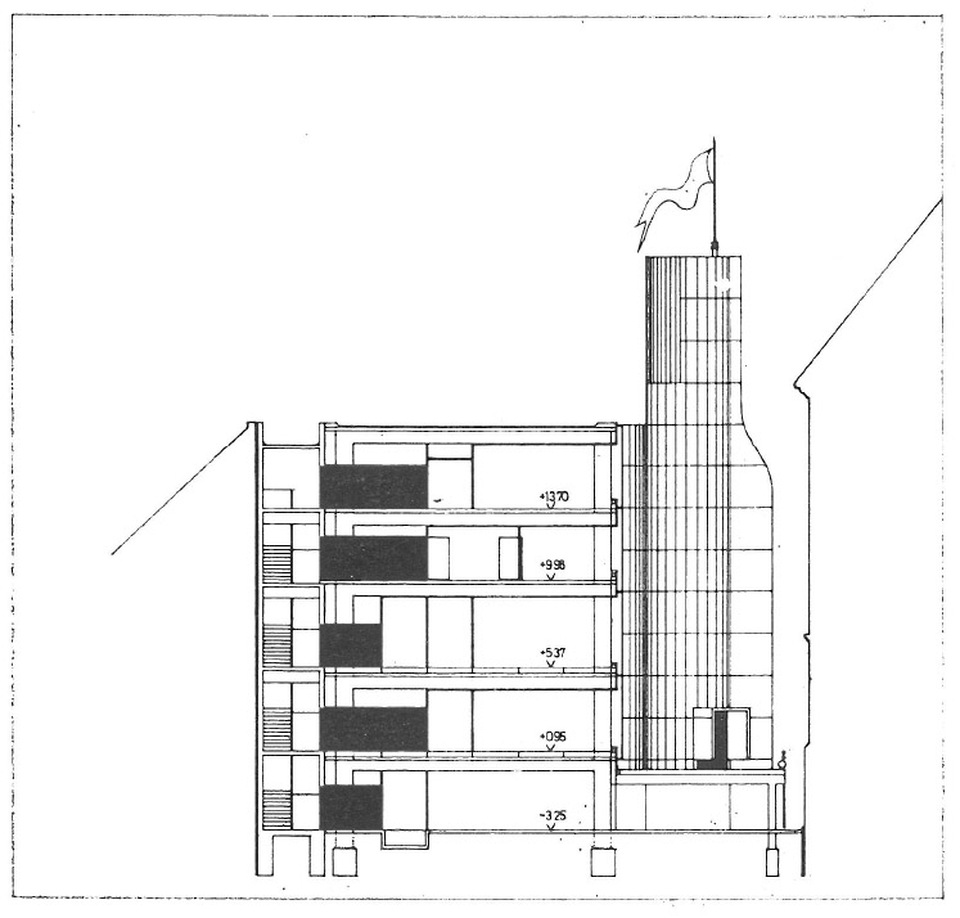 Országos Villamos Teherelosztó Központ, metszet. Forrás: Magyar Építőművészet, 1979/6.