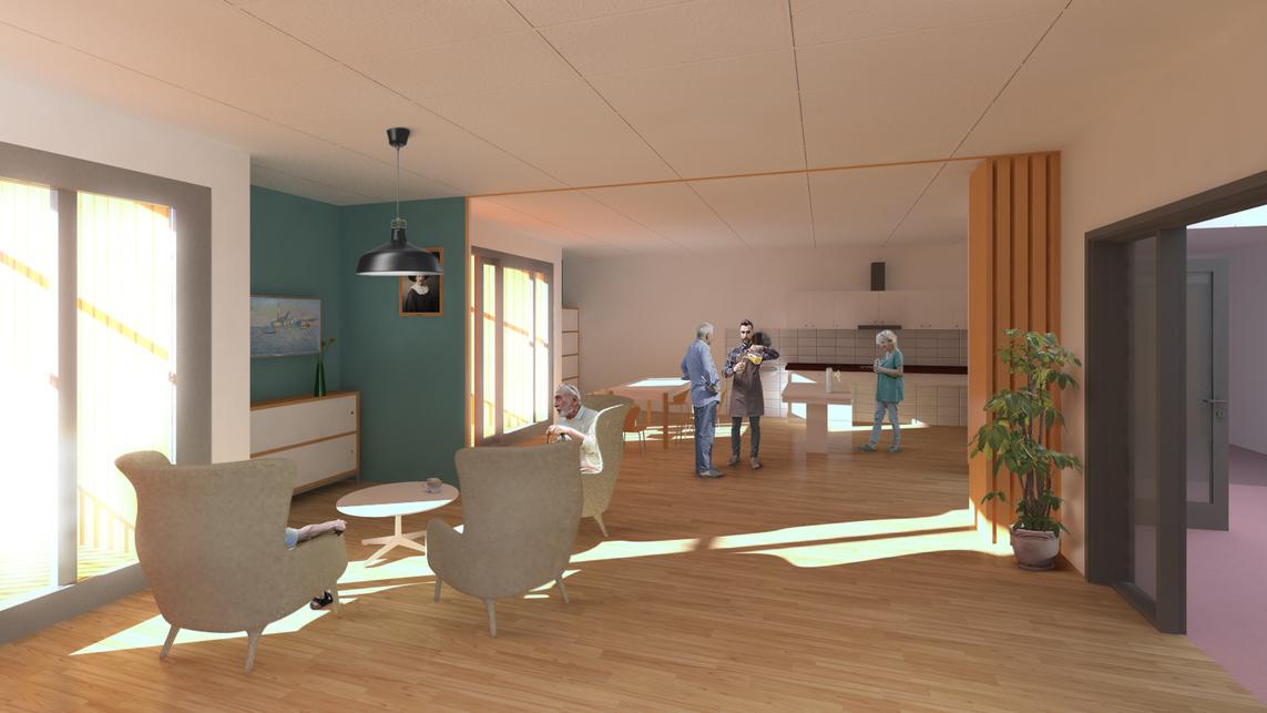 Vadsø demensotthon és napközi foglalkoztató központ. A közös nappali. Kép: NITEO