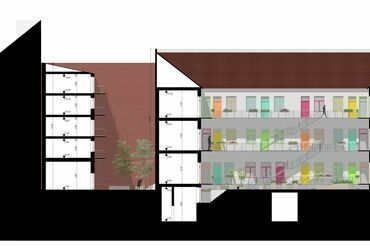 A-A metszet. A RELOAD hallgatói ötletpályázat 1. díjas terve. Építészet: Chromicsek Adrienn, Petró Liza
