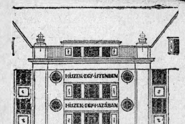 Freund Dezső rajza a Gyöngyösi úti lakóház homlokzatáról, rajta a Magyar Hiszekeggyel. Megjelent az Újság 1926. szeptember 11-i számában.