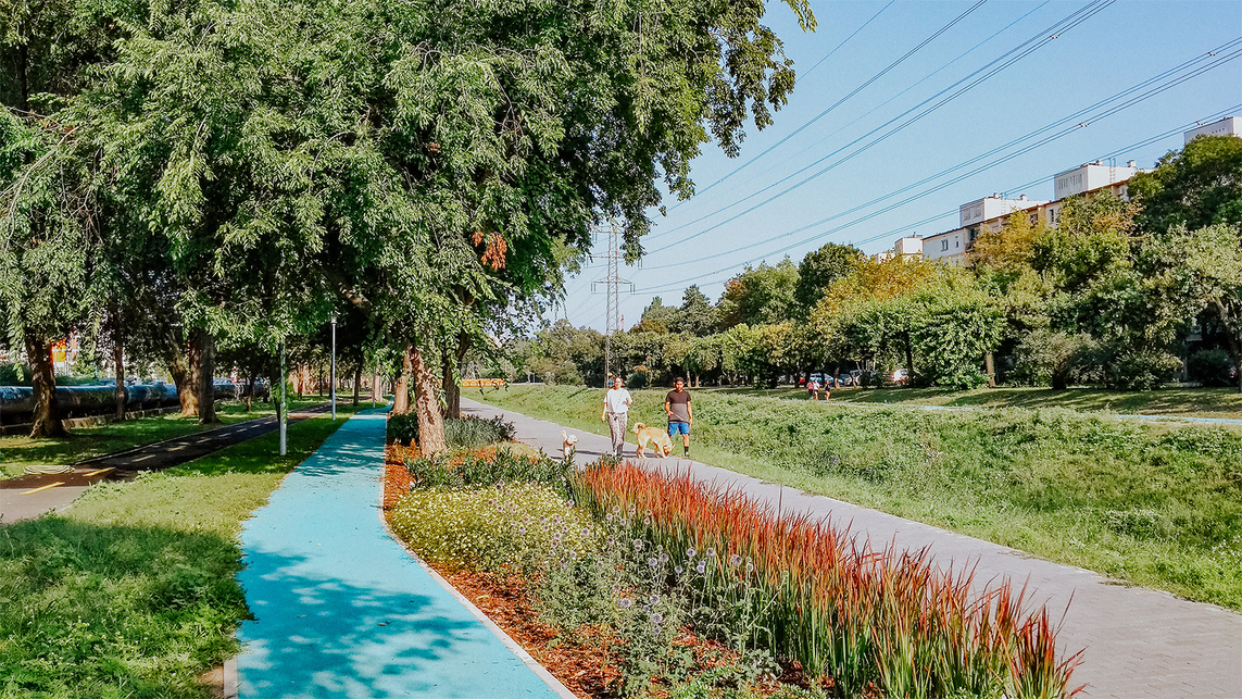 Megújult zöldterület a Rákos-patak partján, XIII. kerület, Budapest. Fotó: Lépték-Terv Tájépítész Iroda