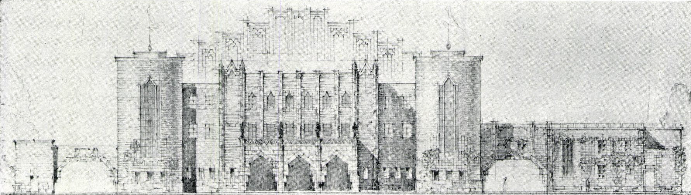 Sebestyén Artúr II. díjas tervének részlete a Margitszigeti fedett uszoda tervpályázatán 1929-ből (Tér és Forma, 1929/10., 382. o.)