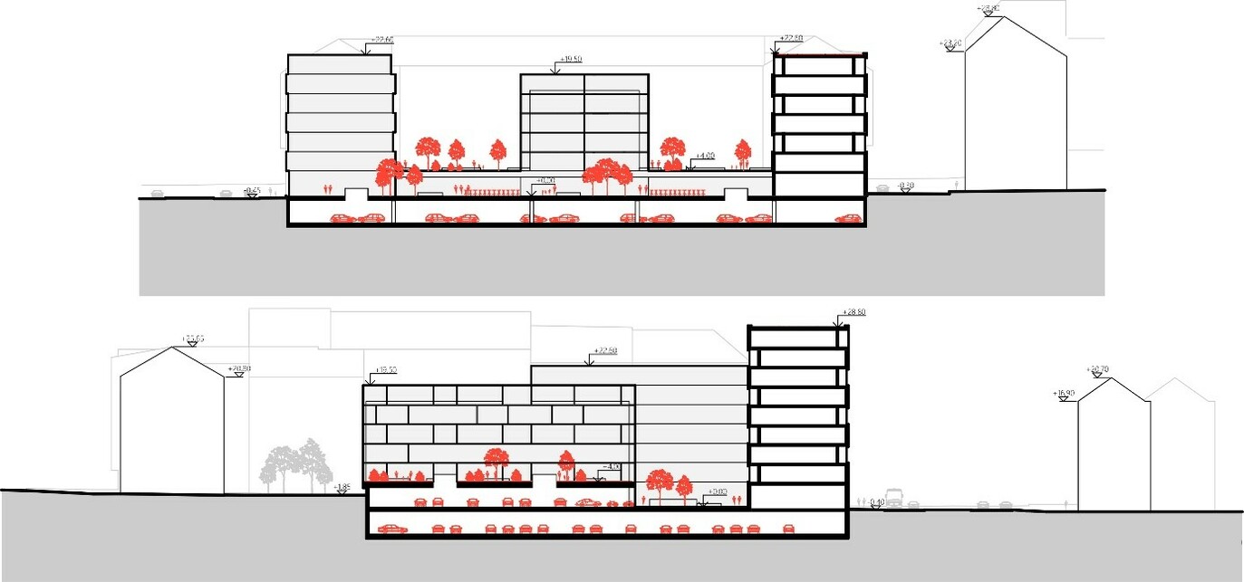 Térszervezés, Residence Vysocany nemzetközi tervpályázat, 250 lakásos társasház, Építészet: ZIP Architects, 2020.