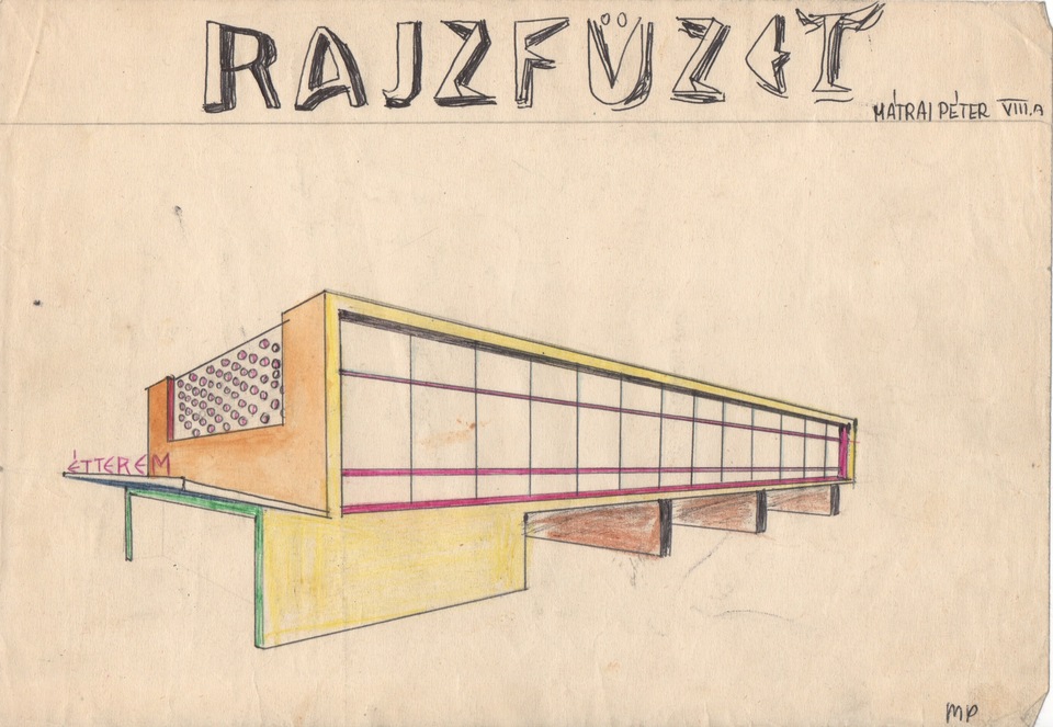 Az első lap, amelyre a büszke RAJZFÜZET felirat is felkerült, egy étterem tervével 1961-ből.