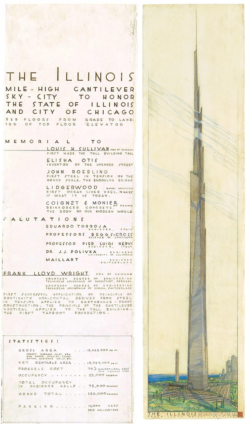 The Mile-High Illinois (1956): Frank Lloyd Wright posztere az „egymérföldes Illinois”-ról, , ahol rajza mellett Chicago építészei előtt is tiszteleg és magát Chicago fiának nevezi. - forrás: artbook.com