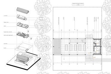 Tanoda - térszervezési axonometria, földszinti alaprajz. Építész: Varjú Kata