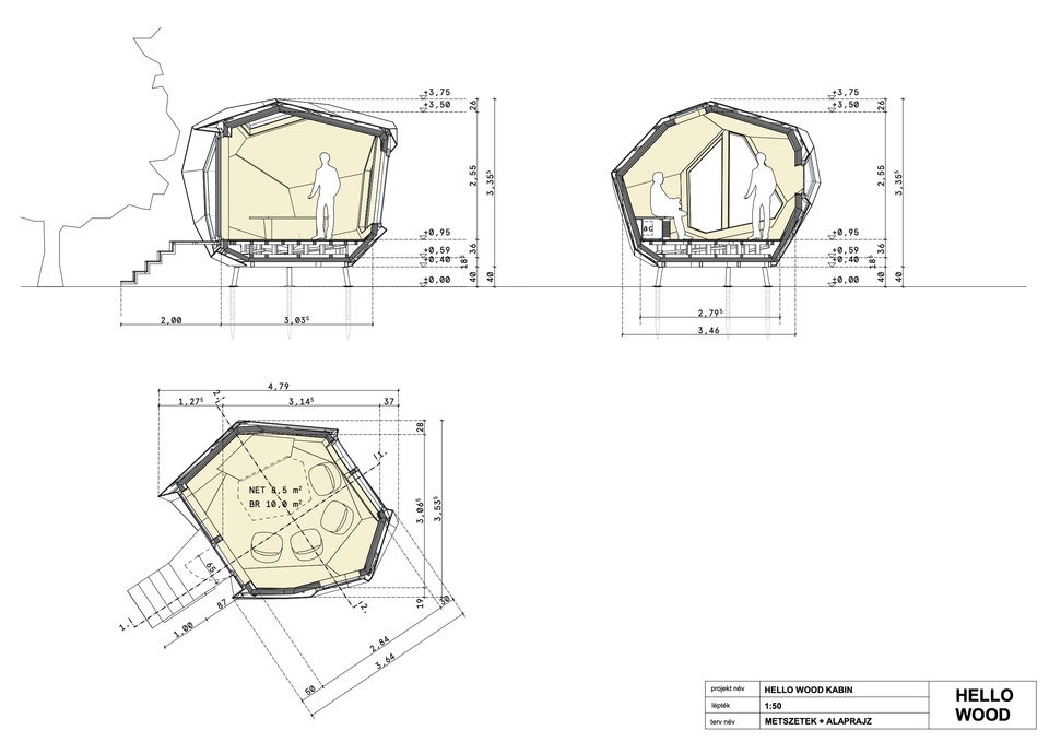 Metszetek és alaprajz. Terv: Hello Wood