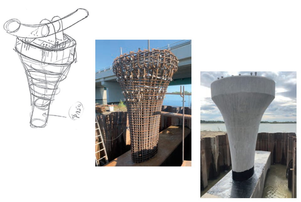 Pillér szerkezet kézi vázlata, vasalás és a kizsaluzott vasbeton szerkezet