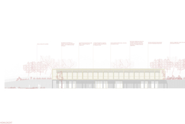 Megújulás háza, onkológiai központ a Svábhegyen, főhomlokzat –  terv: Zámbó Kamilla / BME Építészmérnöki Kar, Középülettervezési Tanszék